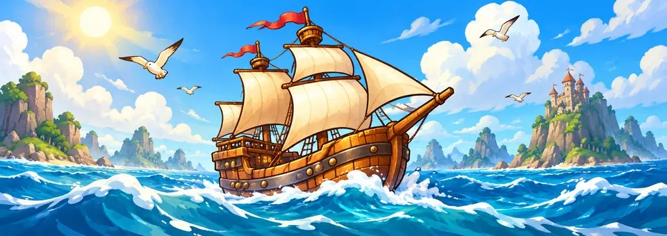 A painted sailing ship crossing a bright sea past island castles