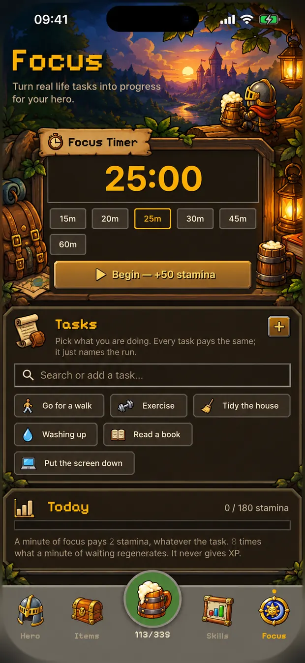Idlefell's Focus screen: a 25 minute timer and tasks like Go for a walk, Exercise and Read a book