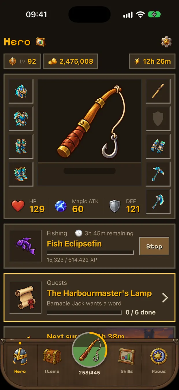 Idlefell Hero screen with a fishing trip running, 3 hours 44 minutes remaining