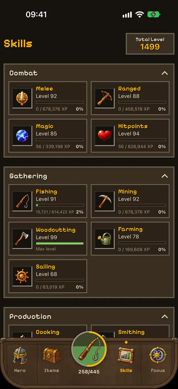 Idlefell Skills screen showing skills grouped into Combat, Gathering and Production, with the total level