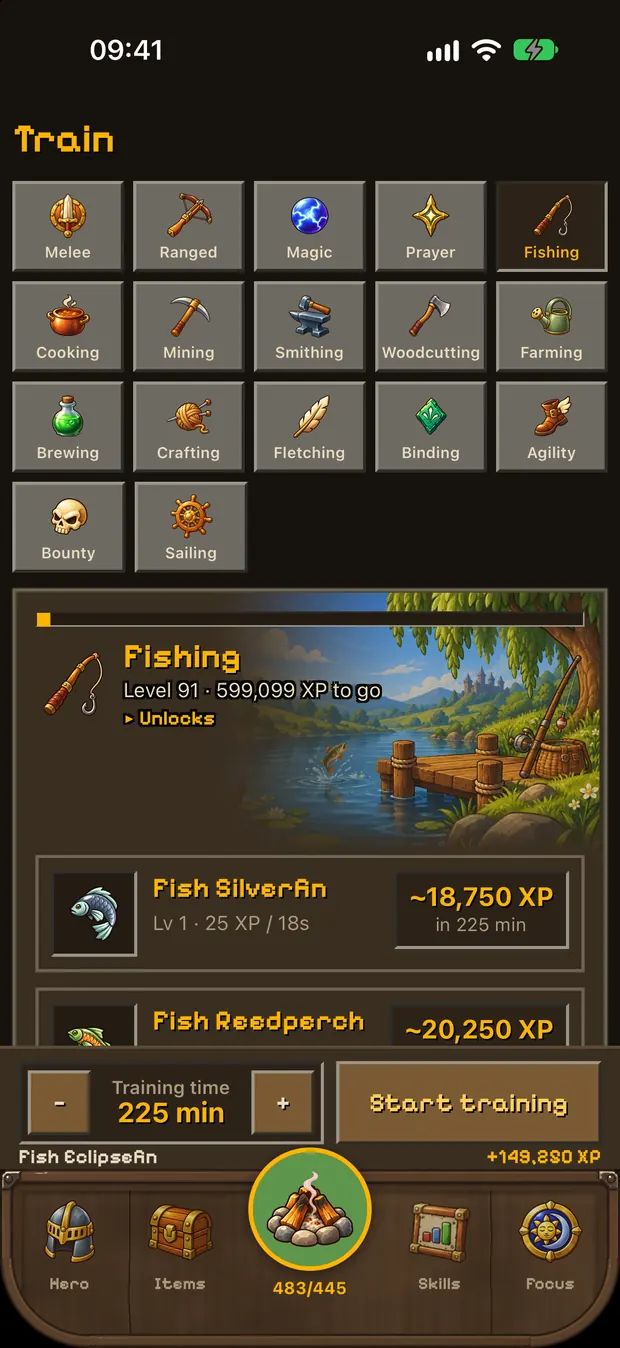 Idlefell Train screen choosing a fish to catch, with the XP for a 225 minute trip